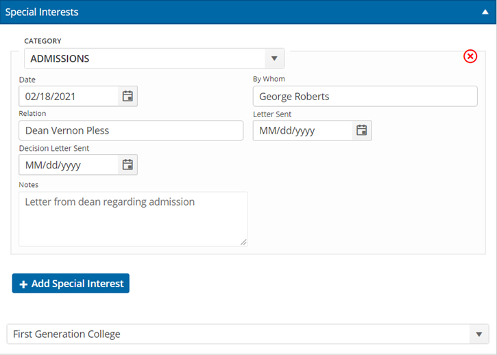 This is a picture of the Special Interests section on a person record with the First Generation College user-defined field appearing as a list box after all standard fields.