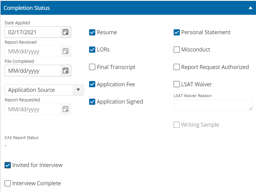 This is a picture of the Completion Status section of an application record with the Invited for Interview and Interview Complete user-defined fields appearing as check boxes after all standard fields.
