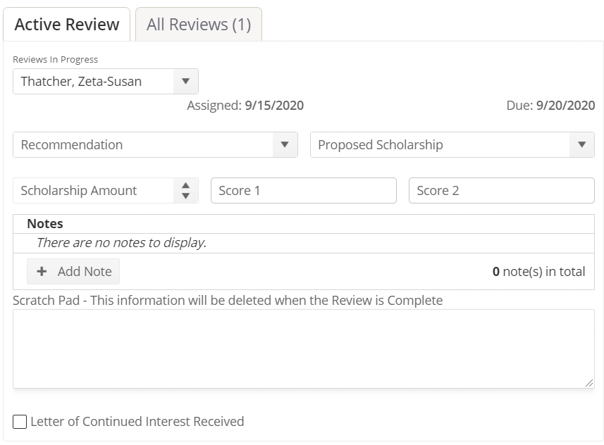 This is a picture of the Active Review tab on the reviewer Evaluation window with the Letter of Continued Interest Received user-defined field appearing as a check box after all standard fields.