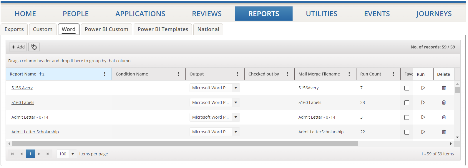Image shows the REPORTS area with the Word tab selected and various Word reports displayed on the grid available for selection to update, run, or delete. 
