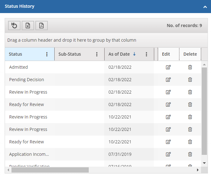 Image shows the Status History list grid on a person record with various statuses in the grid.