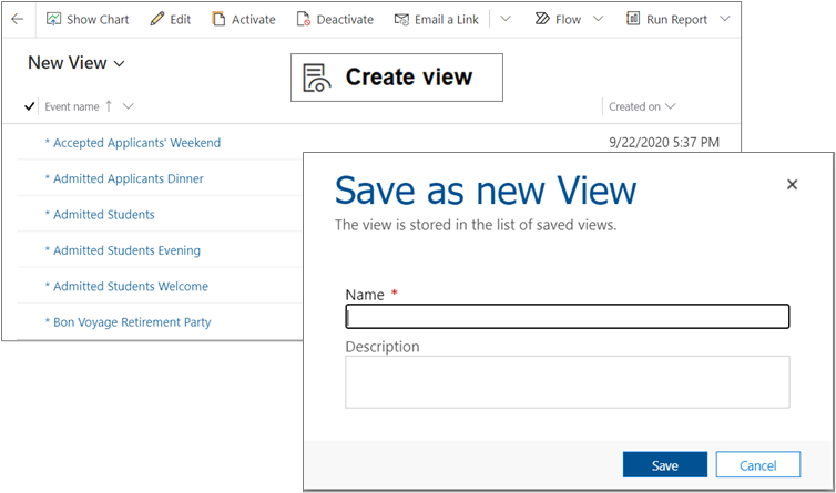 Image shows Create View window on a marketing grid with the save as new View window overlaying to demonstrate how you create multiple views.