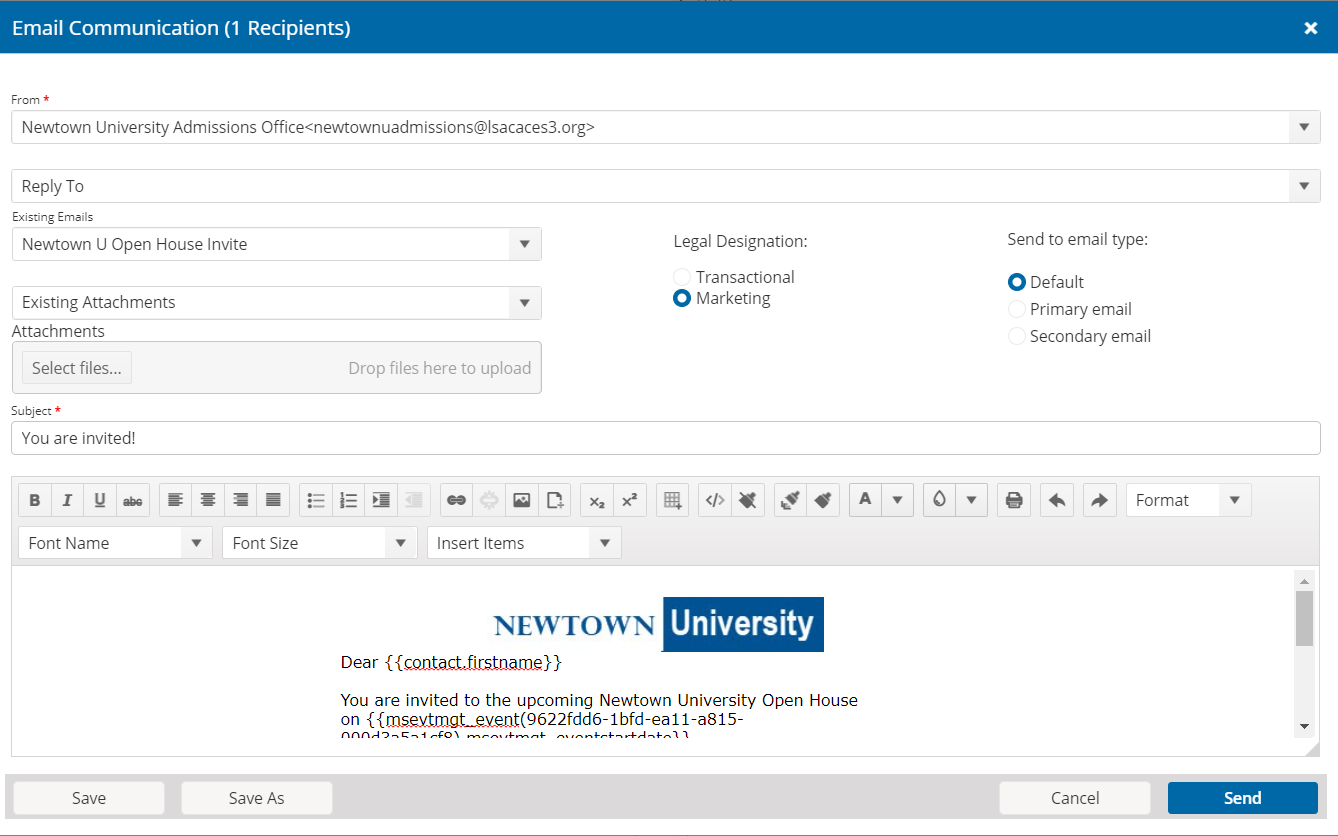 Image shows example Email Communication page that is used to send email messages from Unite