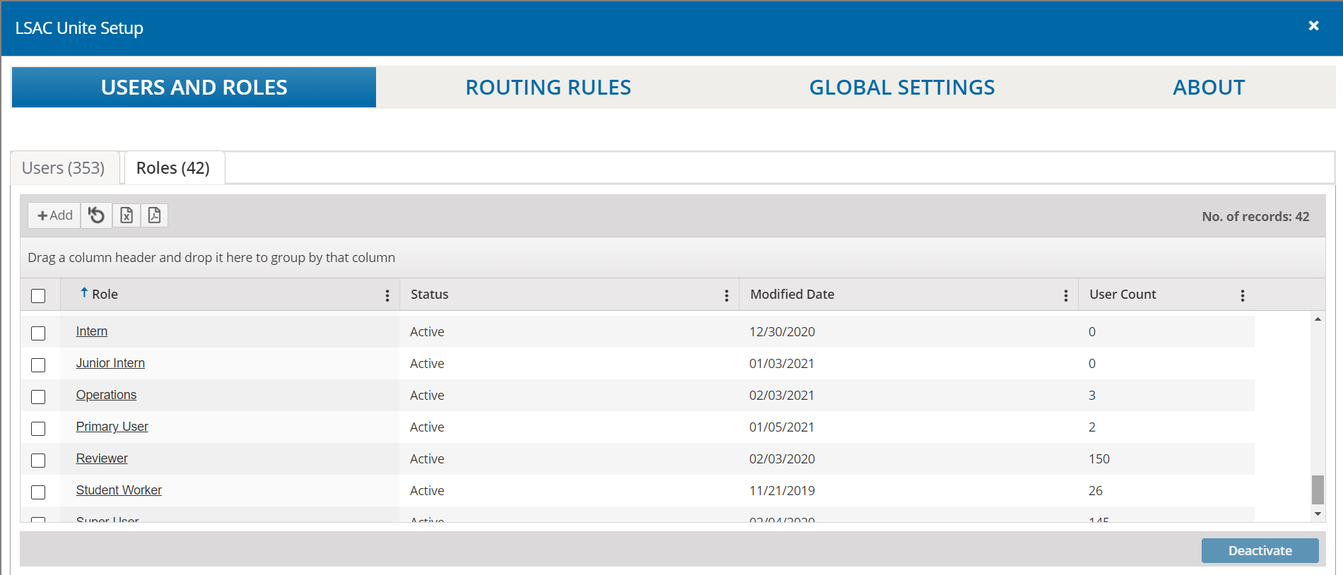Screenshot shows Roles grid on the Users and Roles tab of the LSAC Unite Setup window.