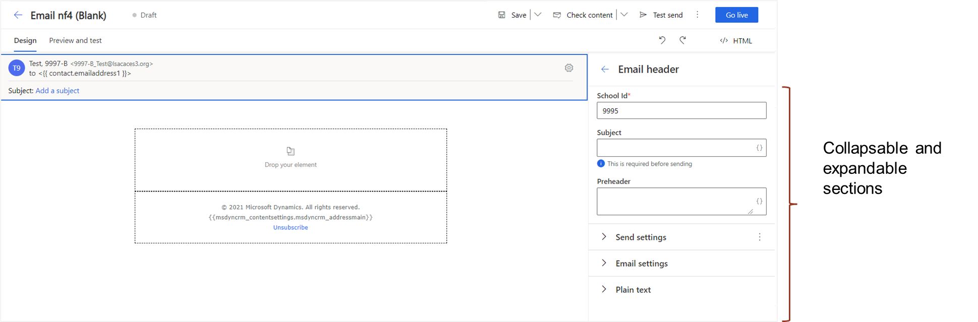 Image shows expanded Email header section with options available.