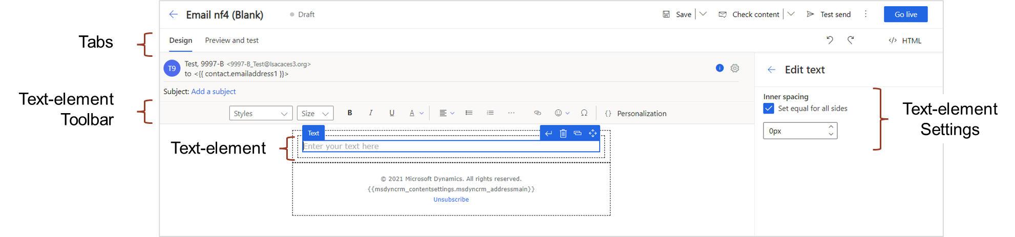 Image shows text elements and the text element toolbar in the email you are designing.