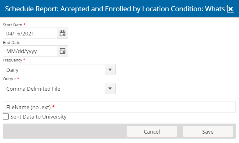 Screenshot that shows report scheduling options, to include fields to set a start date and an end date, a list box to select the frequency, a list box to select the output, a text box to enter a file name, and a sent data to university check box