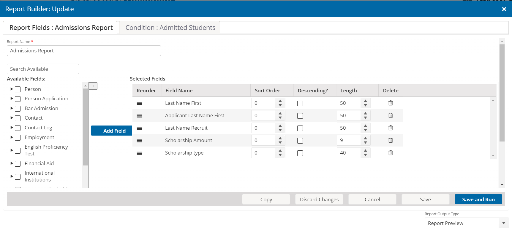 Image shows the Report Builder window and the files you complete to build a report and report conditions.