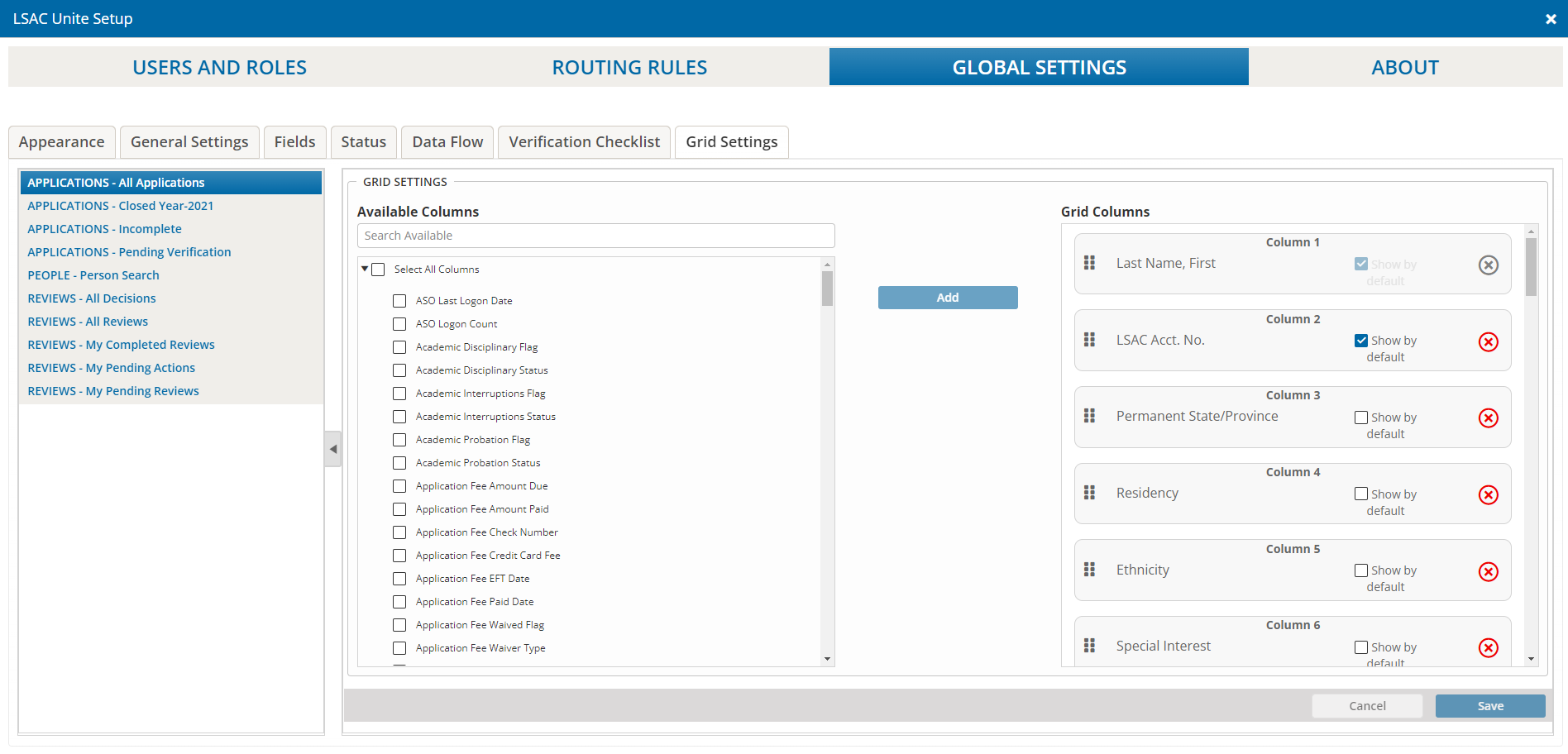 Image displays the Global Settings grid where you can add and organize columns on Unite admissions workflow grids.
