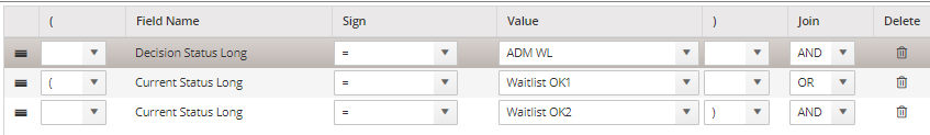 Image shows Decision Status and Current Status fields with options (sign, value, and joiner) defined.