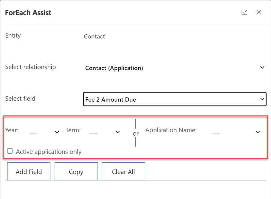 Example of ForEach Assist. In the image below, the red box highlights the option to select year/term, application name, or Active applications only