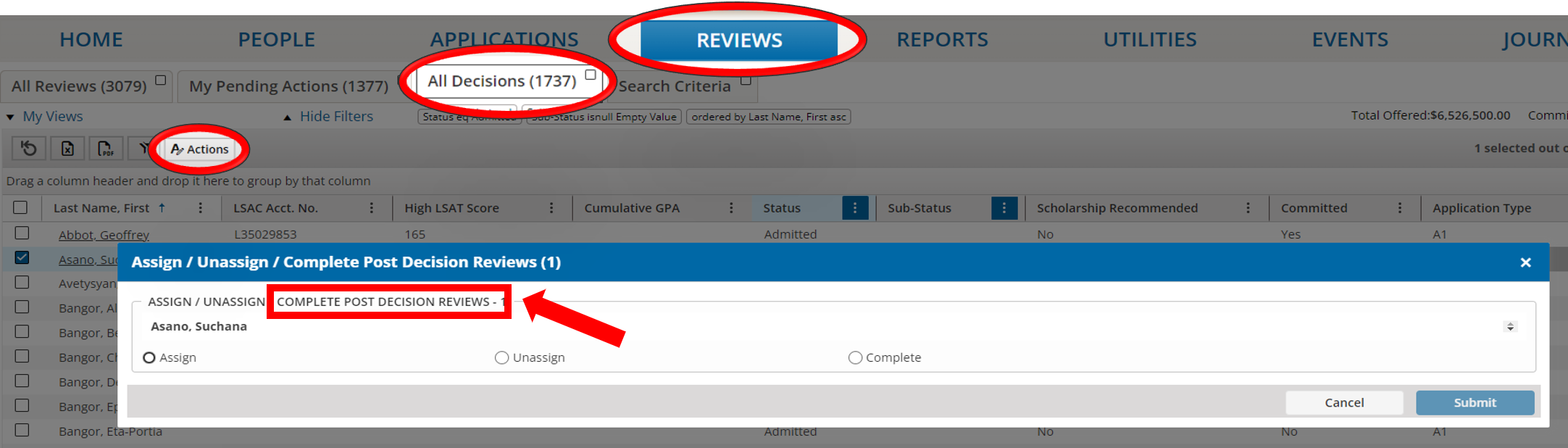 This image reflects the location needed to assign a post decision review, as detailed in the paragraph above. It is a screen shot of the Unite page with the title of the area circled, which is Reviews, and the title of the tab circled, which is All Decisions. It also circles the Action button and points out that the window shows that you can Assign or Unassign or Complete Post Decisions Reviews from this window.