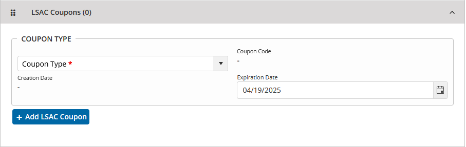 an image depicting the LSAC Coupon panel found in a Person Record and that is labeled +Add LSAC Coupon, showing that a Coupon Type is needed and the Expiration Date defaults to the date of creation.