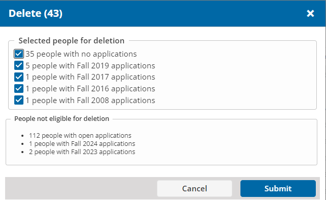 The delete window shows a count of people eligible for deletion and a count of people ineligible for 
deletion and why they cannot be deleted.